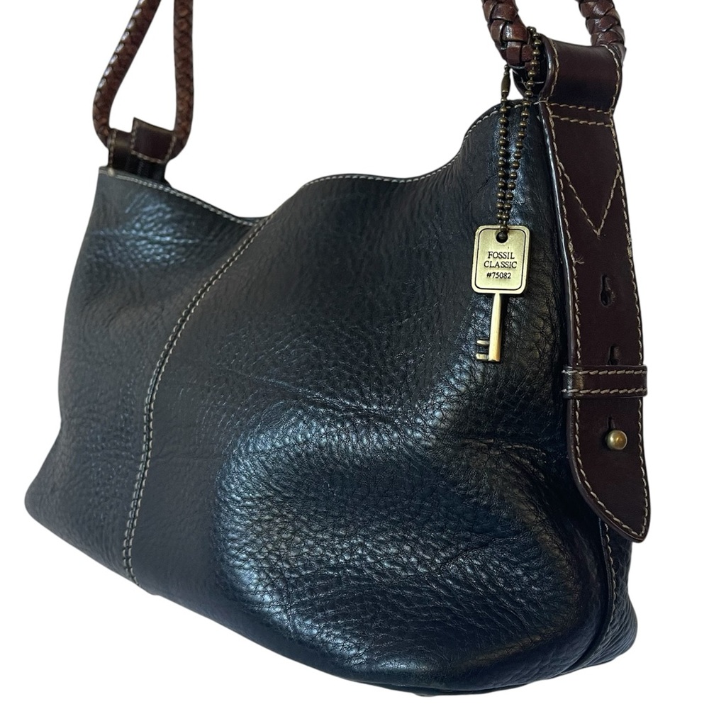Fossil black leather shoulder bag purse brown braided strap EUC